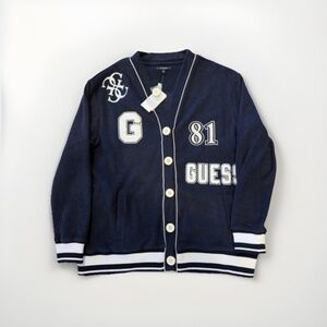 NWT Guess Noele Boucle Varsity Cardigan Navy Medium Academia Patch Sports Preppy